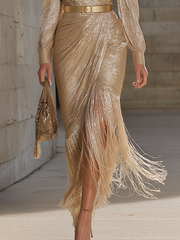 Chic And Sophisticated V-neck Tassel Champagne Shimmering Maxi Dress
