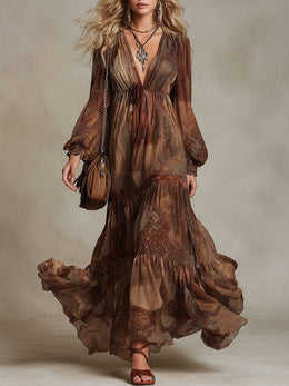 Western Retro Paisley Pattern Brown V-Neck Chiffon Maxi Dress
