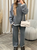 Casual color-blocked solid color sweater loose two-piece set