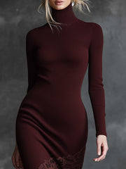 Simple And Elegant High-neck Lace Hem Burgundy Knitted Maxi Dress