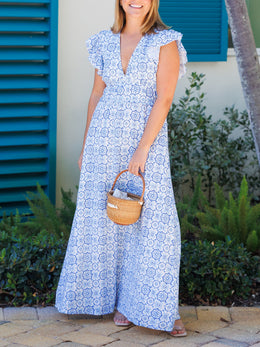 Blue Medallion V-Neck Flutter Sleeve Maxi Dress