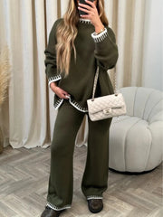 Casual color-blocked solid color sweater loose two-piece set
