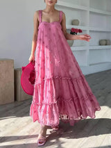 Flower Decor Pretty A-Line Layered Loose Maxi Dress
