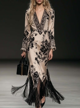 Elegant Bohemian Style V-neck Tassel Floral Print Beige Satin Maxi Dress