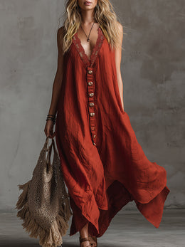 Vintage And Charming Red Cotton And Linen Sleeveless Maxi Dress