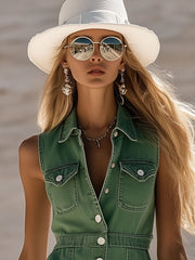 Fashion Vintage Green Denim Sleeveless Shirt Style Spring/Summer Mini Dress