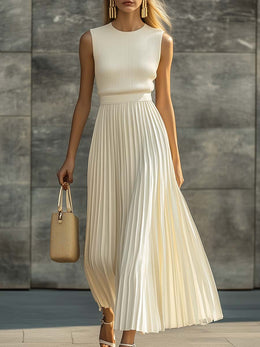 Elegant Casual And Comfortable Cream Knitted Chiffon Pleated Hem Maxi Dress