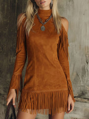 Semi-high Neck Off-the-shoulder Fringed Faux Suede Long-sleeved Mini Dress