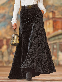 Black Rose Print A-line Velvet Skirt