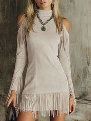 Semi-high Neck Off-the-shoulder Fringed Faux Suede Long-sleeved Mini Dress