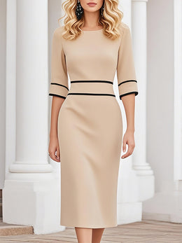 【24-hour shipping out】Elegant And Stylish Black Line Trim Khaki Midi Dress