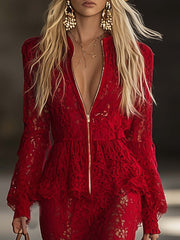 Fashion Western Long Sleeve Zipper V Neck Hem Ruffle Red Lace Maxi Dress