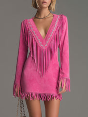 Western-style Retro Embroidered Tassel Pink Faux Suede Mini Dress