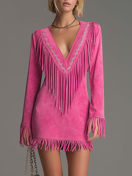 Western-style Retro Embroidered Tassel Pink Faux Suede Mini Dress