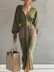 Elegant Olive Green Hooded Narrow Waist Zip-up Sweatshirt Long Sleeve Maxi Dress