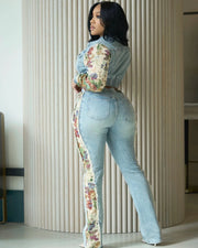 SHAY Denim Tapestry Cropped Jacket & Pant Set