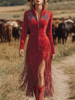 Western Style Vintage Embroidered Red Fringed Faux Suede Midi Dress