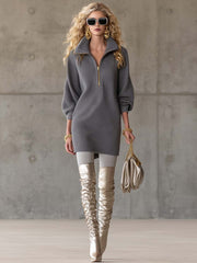 Exquisite Casual Lapel Front Zipper Three-quarter Sleeve Gray Waffle Mini Dress