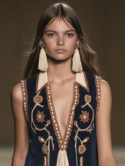 Western Retro Faux Suede Bohemian Style Embroidered Tassel Sleeveless Mini Dress