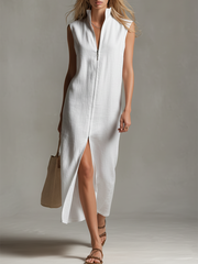 Casual And Stylish Stand-up Collar Sleeveless Zipper Midi Dress