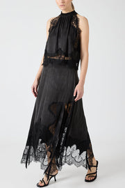 Lace Pleated Collar Top + Irregular Slit Skirt Set