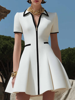 【24-hour shipping out】Women's White Zipper Design With Black Trim Dress