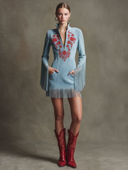 Western Retro Red Embroidered Blue Faux Suede Long-Sleeved Tassel Mini Dress