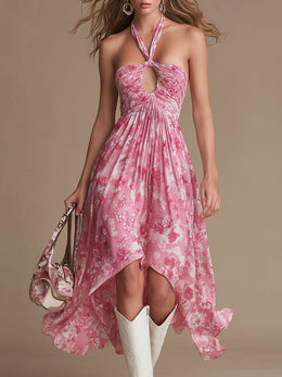 Fashionable Vacation Halter Neck Pink Floral Chiffon Hollow Midi Dress