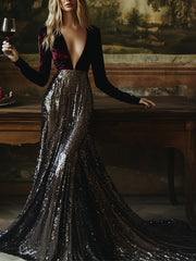 【24-hour shipping out】V-Neck Stylish Elegant Solid Color Velvet Sequined Long Maxi Dress