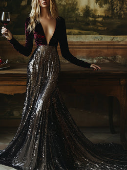 【24-hour shipping out】V-Neck Stylish Elegant Solid Color Velvet Sequined Long Maxi Dress