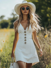 Retro Casual V-Neck Front Button White Denim Mini Dress
