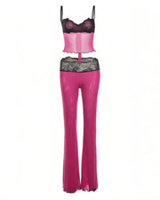 MOGEN Lace Trimmed Top & Flared Pants Set