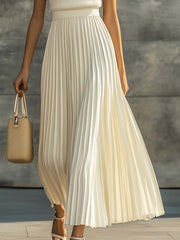 Elegant Casual And Comfortable Cream Knitted Chiffon Pleated Hem Maxi Dress