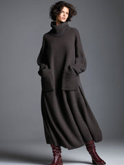 High-end Fashionable Loose Neckline Brown Knitted Maxi Dress