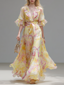 Elegant And Comfortable V-neck Ruffled Short-sleeved Long Dress