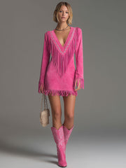 Western-style Retro Embroidered Tassel Pink Faux Suede Mini Dress