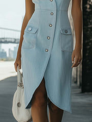 Casual Fashion V-Neck Front Button Tulip Shape Hem Light Blue Denim Midi Dress