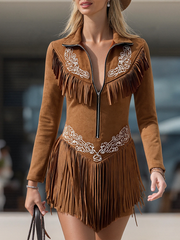 Vintage Western Style Embroidered Tassel Long Sleeve Brown Suede Mini Dress
