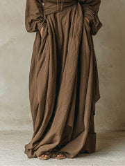 Brown faux cotton linen hooded loose maxi dress