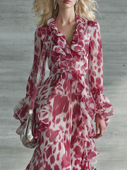 Romantic Bohemian Print Ruffle V-neck Maxi Dress