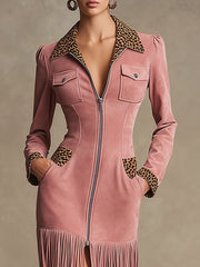 Western Retro Leopard Print Pink Faux Suede Zipper Tassel Midi Dress