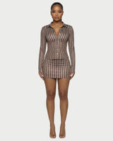 AVENYA Striped Long-Sleeved Shirt & Mini Skirt Set