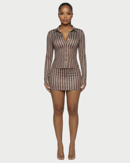 AVENYA Striped Long-Sleeved Shirt & Mini Skirt Set