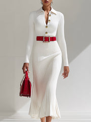 White Wool Lapel Button Design Maxi Dress