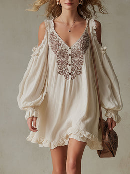 Western Retro Embroidered Beige Long-Sleeved Cotton Linen Mini Dress