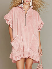 Retro Pink Stand-up Collar Ruffled Short-sleeved Faux Suede Mini Dress