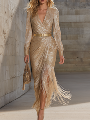 Chic And Sophisticated V-neck Tassel Champagne Shimmering Maxi Dress