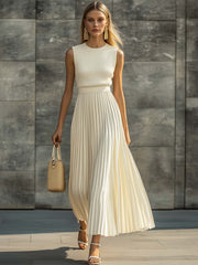 Elegant Casual And Comfortable Cream Knitted Chiffon Pleated Hem Maxi Dress