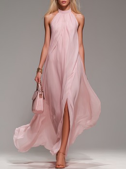 Comfortable And Elegant Halter Neck Sleeveless Slit Chiffon Maxi Dress
