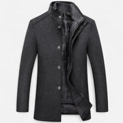 Men's Long Wool Overcoat Featuring Vest Panel